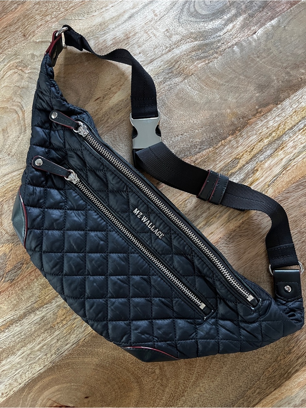 MZ WALLACE Black Quilted Sling Crossbody Belt Bag with Silver Hardware